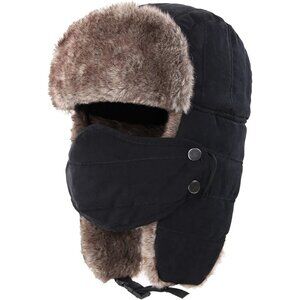 Men's Black Trooper Trapper Hat Warm Winter Hunting Cap w/ Removable Mask